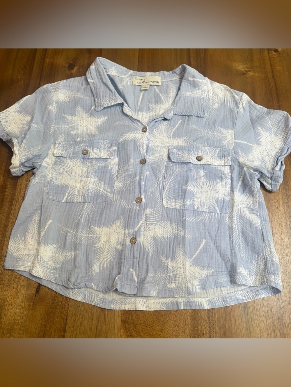 Vintage Havana Light Blue and White Palm Print Button-Down Shirt